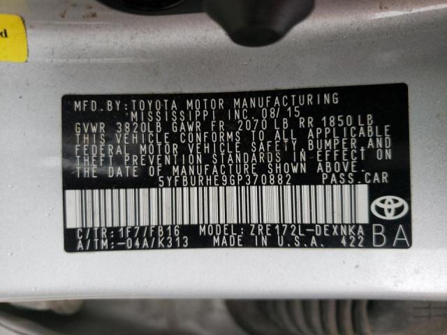 2016 TOYOTA COROLLA L 5YFBURHE9GP370882