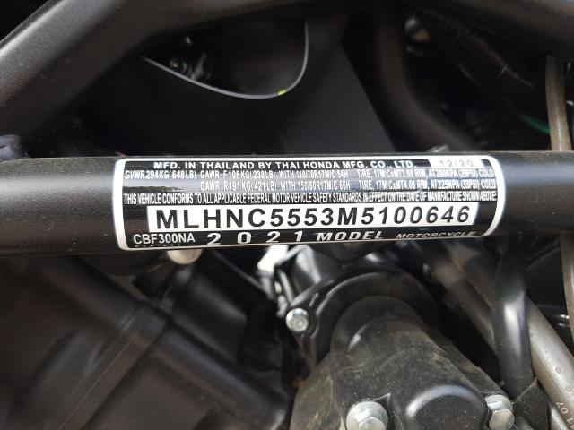 2021 HONDA CBF300 NA MLHNC5553M5100646