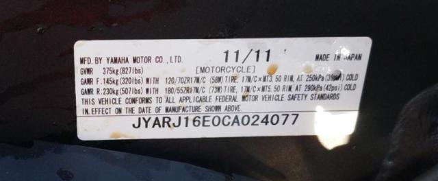 2012 YAMAHA YZFR6 JYARJ16E0CA024077