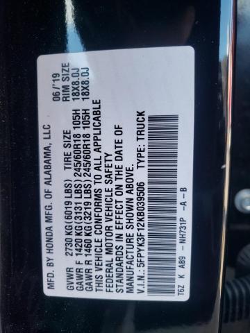 2019 HONDA RIDGELINE 5FPYK3F12KB039506