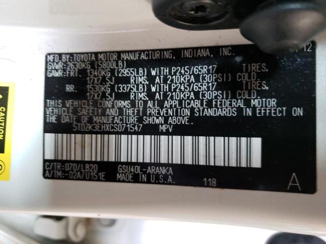 5TDZK3EHXCS071547 Toyota Highlander 2012. Фото: 9