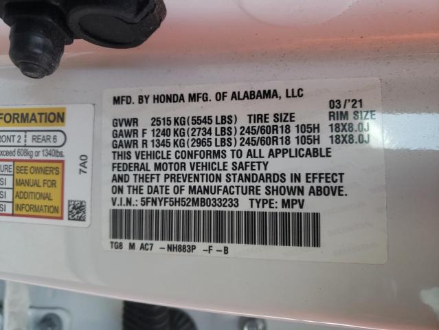 2021 HONDA PILOT EXL 5FNYF5H52MB033233