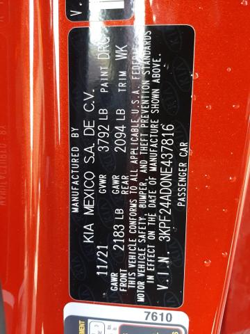 2022 KIA FORTE FE 3KPF24AD0NE437816