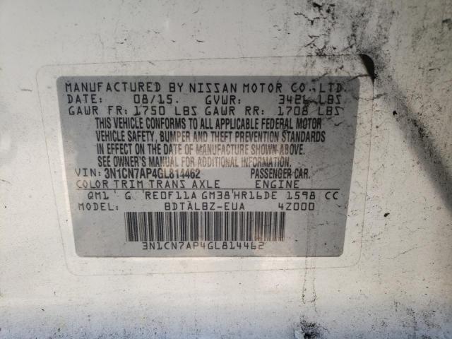 2016 NISSAN VERSA S 3N1CN7AP4GL814462