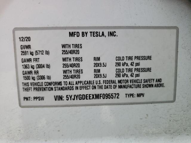 2021 TESLA MODEL Y 5YJYGDEEXMF095572