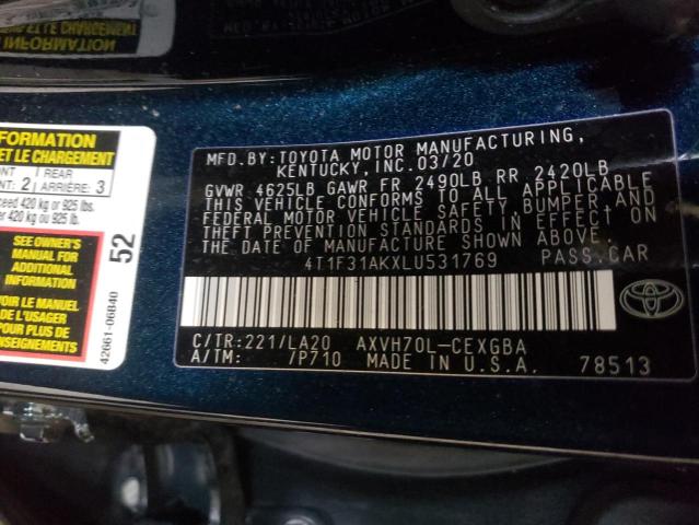 2020 TOYOTA CAMRY XLE 4T1F31AKXLU531769