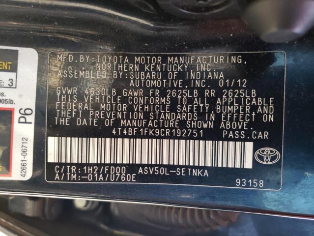 4T4BF1FK9CR192751 Toyota Camry Base 2012. Фото: 9