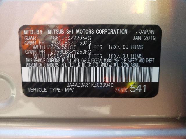 2019 MITSUBISHI OUTLANDER JA4AD3A31KZ038946