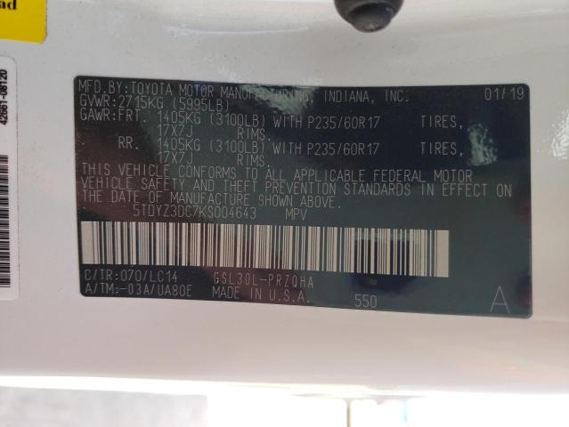 2019 TOYOTA SIENNA XLE 5TDYZ3DC7KS004643