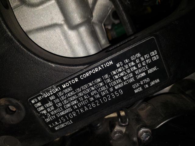 2006 SUZUKI GSX-R750 K JS1GR7KA262102359