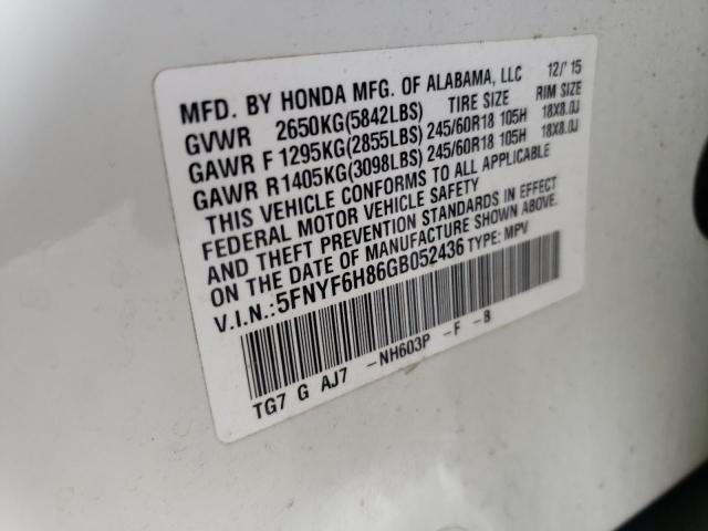 2016 HONDA PILOT EXL 5FNYF6H86GB052436