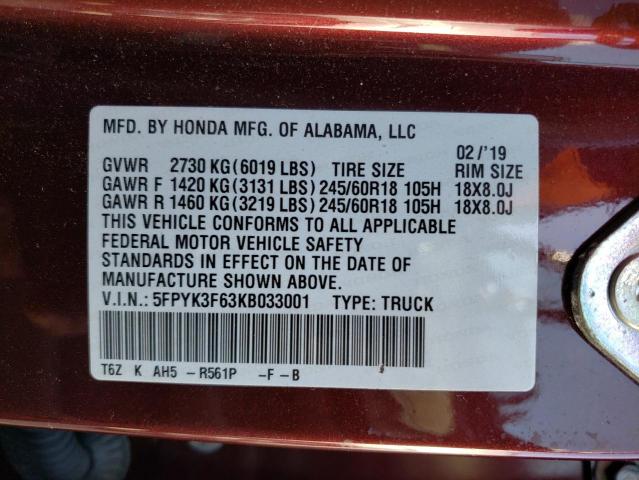 2019 HONDA RIDGELINE 5FPYK3F63KB033001