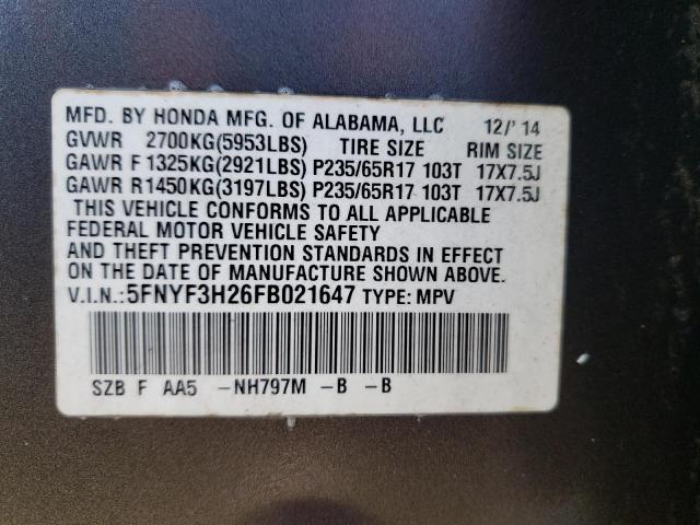 2015 HONDA PILOT LX 5FNYF3H26FB021647