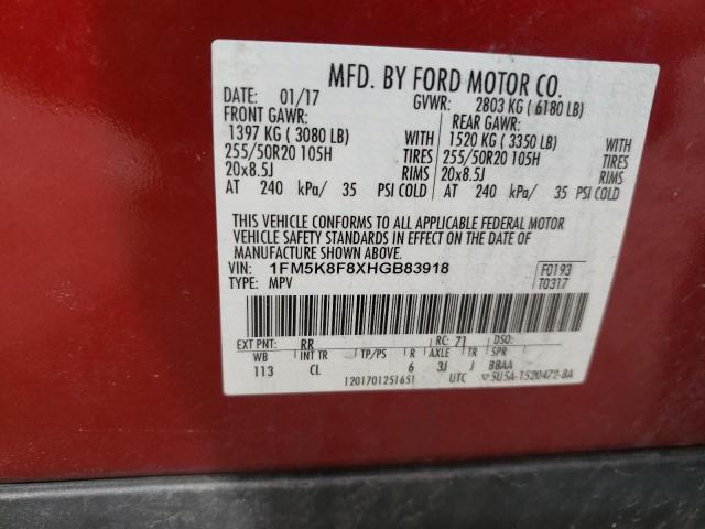 2017 FORD EXPLORER L 1FM5K8F8XHGB83918