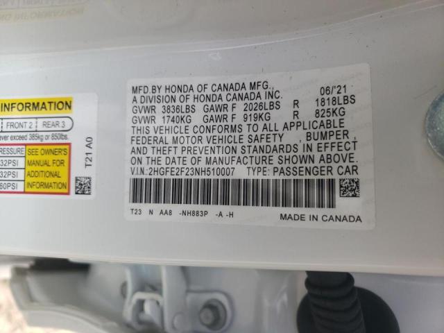 2022 HONDA CIVIC LX 2HGFE2F23NH510007