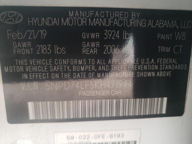 2019 HYUNDAI ELANTRA SE 5NPD74LF5KH471944