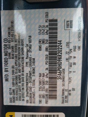 2019 FORD FUSION SE 3FA6P0HD9KR202244