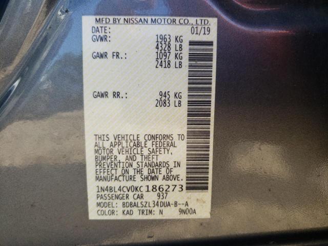 2019 NISSAN ALTIMA SR 1N4BL4CV0KC186273