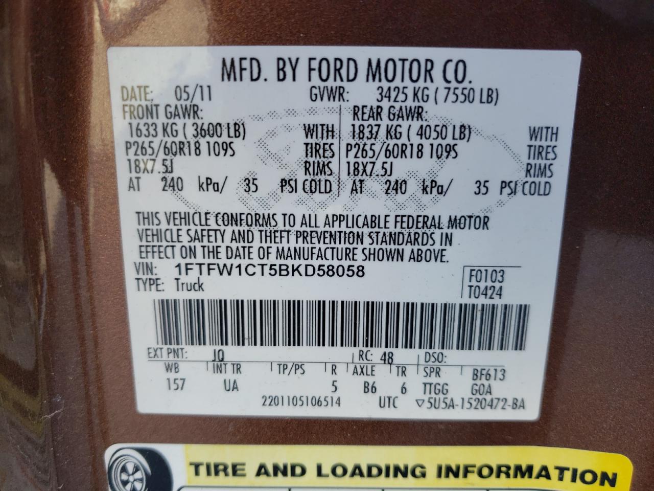 1FTFW1CT5BKD58058 2011 Ford F150 Supercrew