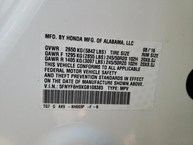 2016 HONDA PILOT TOUR 5FNYF6H9XGB108385