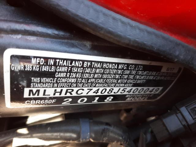 2018 HONDA CBR650 F MLHRC7408J5400049