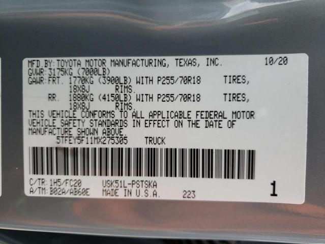 2021 TOYOTA TUNDRA CRE 5TFEY5F11MX275305