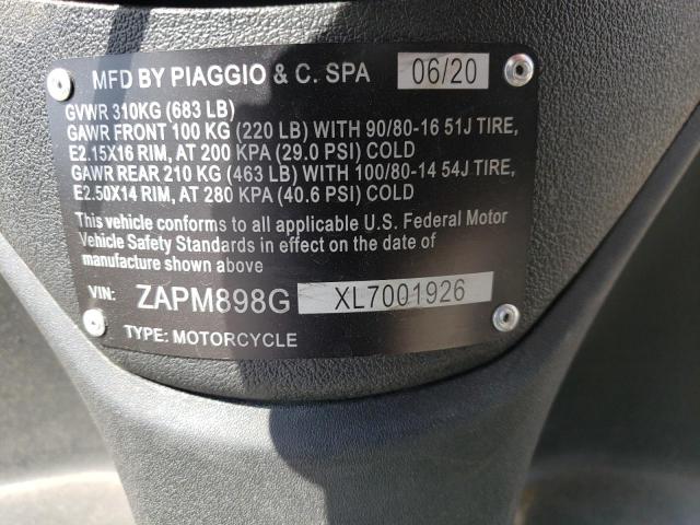 2020 VESPA SCOOTER ZAPM898GXL7001926