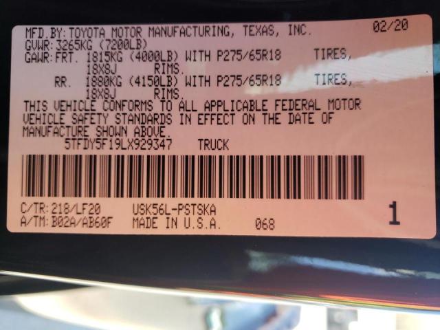 2020 TOYOTA TUNDRA CRE 5TFDY5F19LX929347