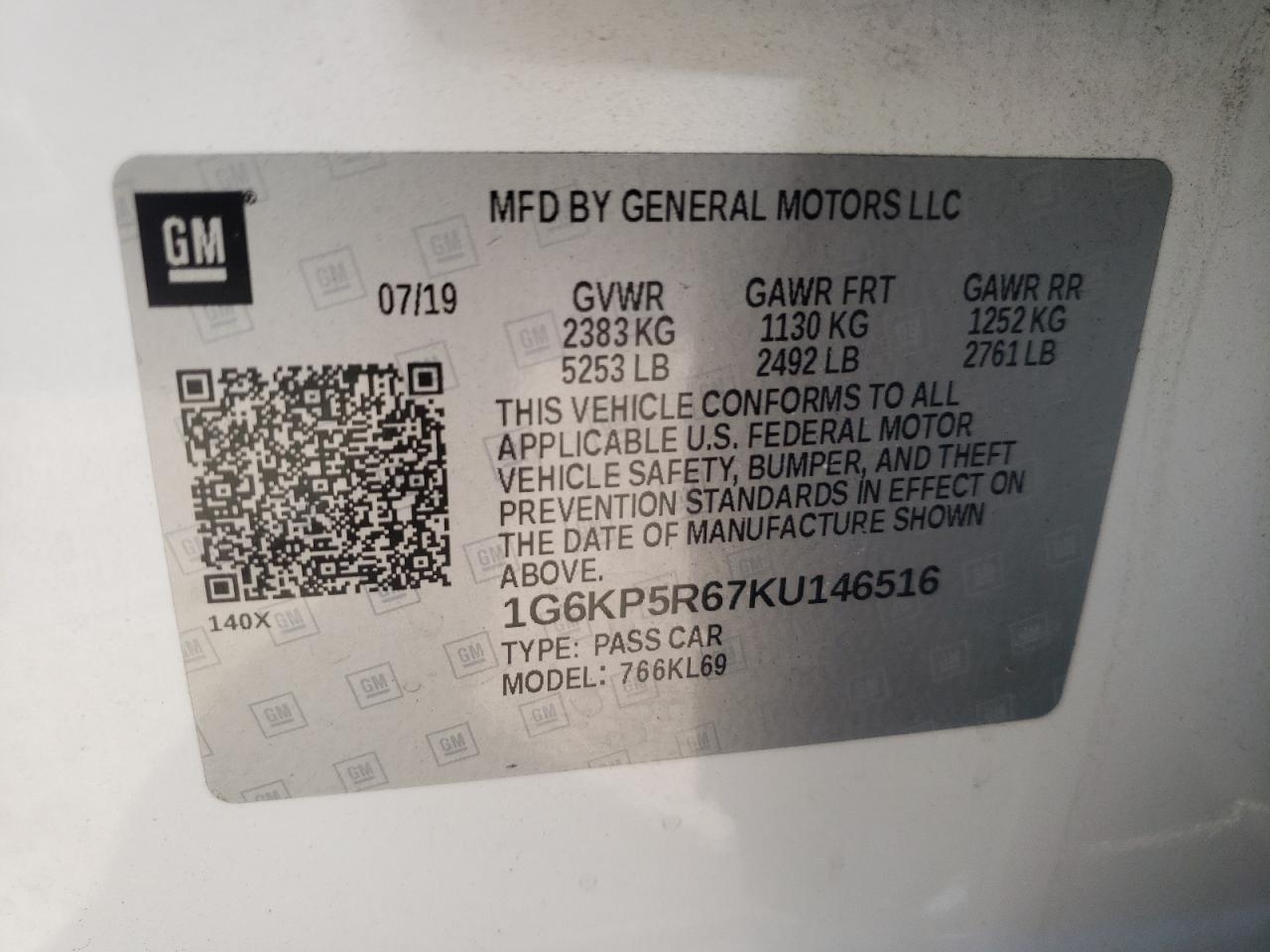 1G6KP5R67KU146516 CADILLAC CT6 SPORT 2019