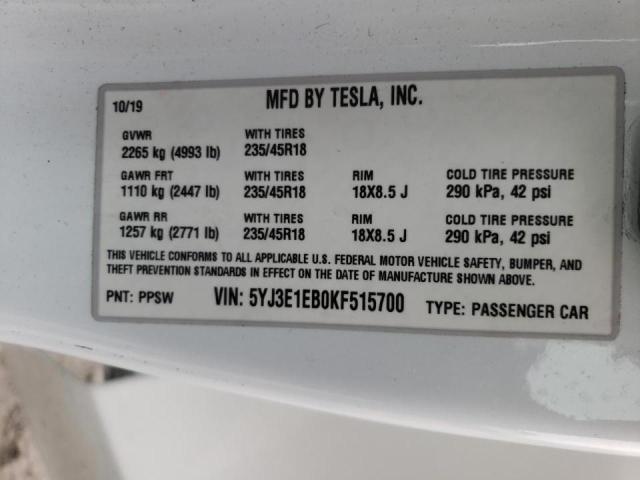 2019 TESLA MODEL 3 5YJ3E1EB0KF515700