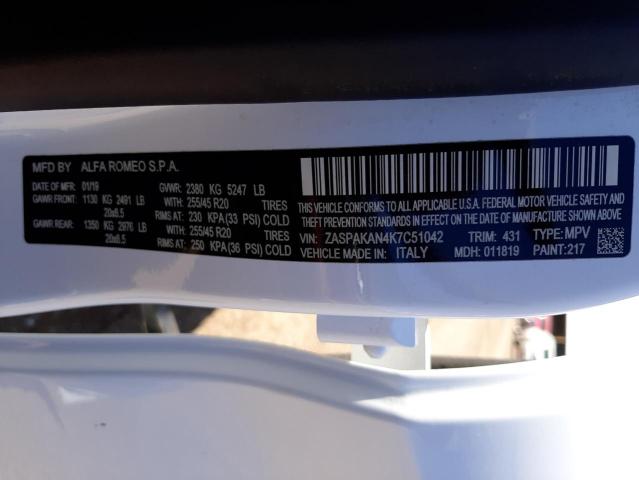 2019 ALFA ROMEO STELVIO ZASPAKAN4K7C51042