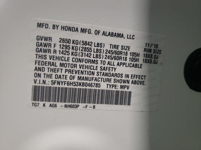 5FNYF6H53KB046785 Honda Pilot Exl 2019. Фото: 9