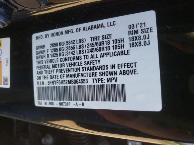2021 HONDA PILOT EXL 5FNYF6H52MB064553