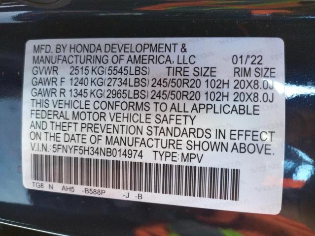 2022 HONDA PILOT SPOR 5FNYF5H34NB014974