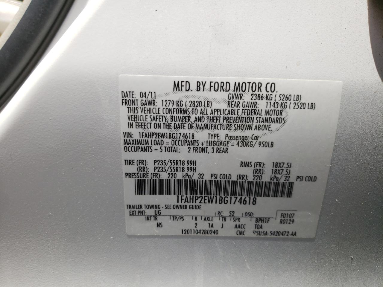 1FAHP2EW1BG174618 2011 Ford Taurus Sel