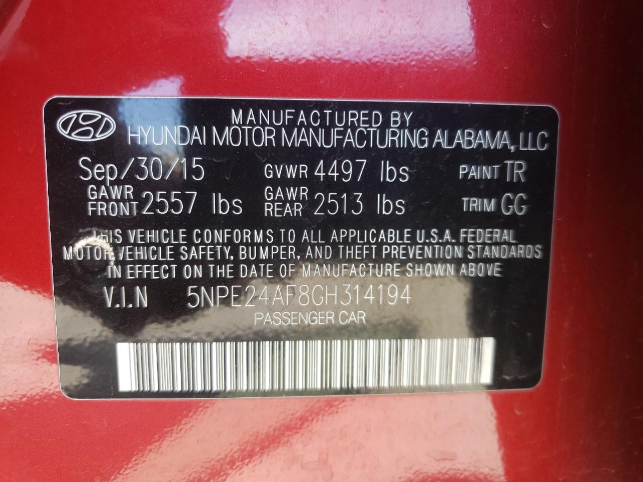 5NPE24AF8GH314194 HYUNDAI SONATA 2016