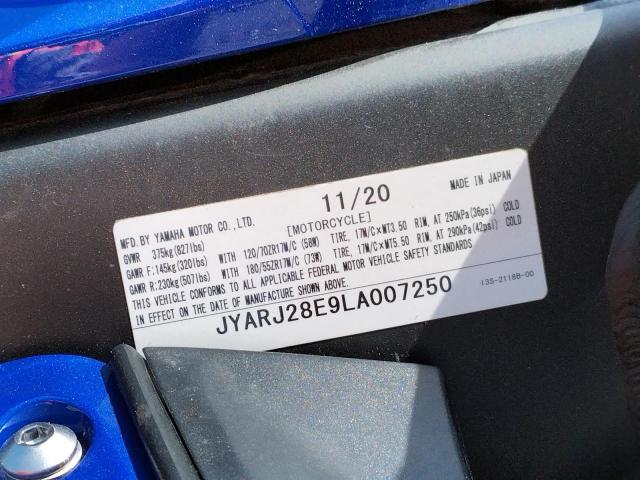 2020 YAMAHA YZFR6 JYARJ28E9LA007250