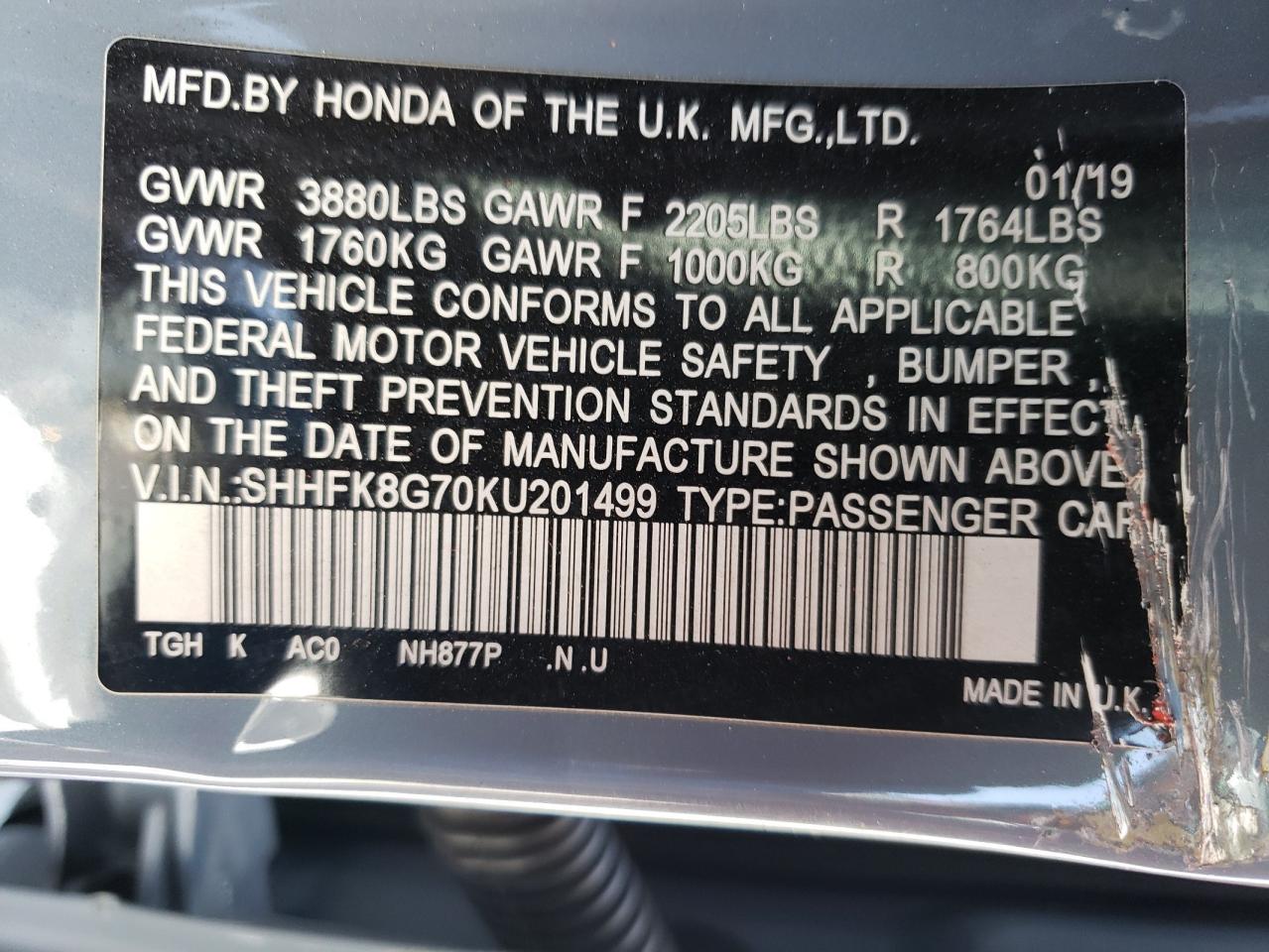 2019 Honda Civic Type-R Touring VIN: SHHFK8G70KU201499 Lot: 45382712