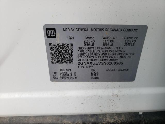 2GNAXUEV3N6108386 Chevrolet Equinox Lt 2022. Фото: 9