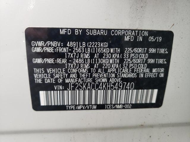 2019 SUBARU FORESTER JF2SKACC4KH549740