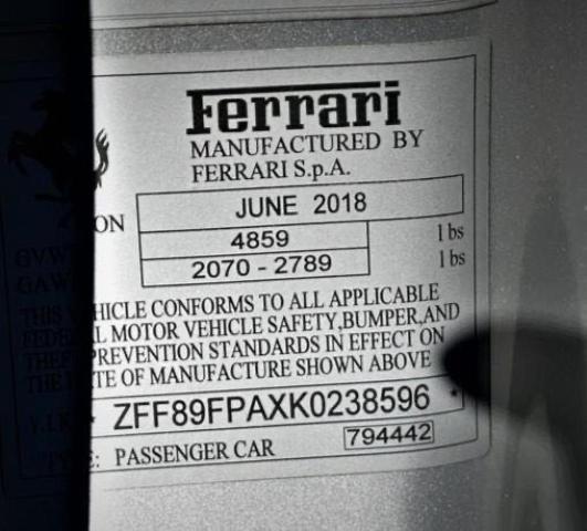 2019 FERRARI PORTOFINO ZFF89FPAXK0238596
