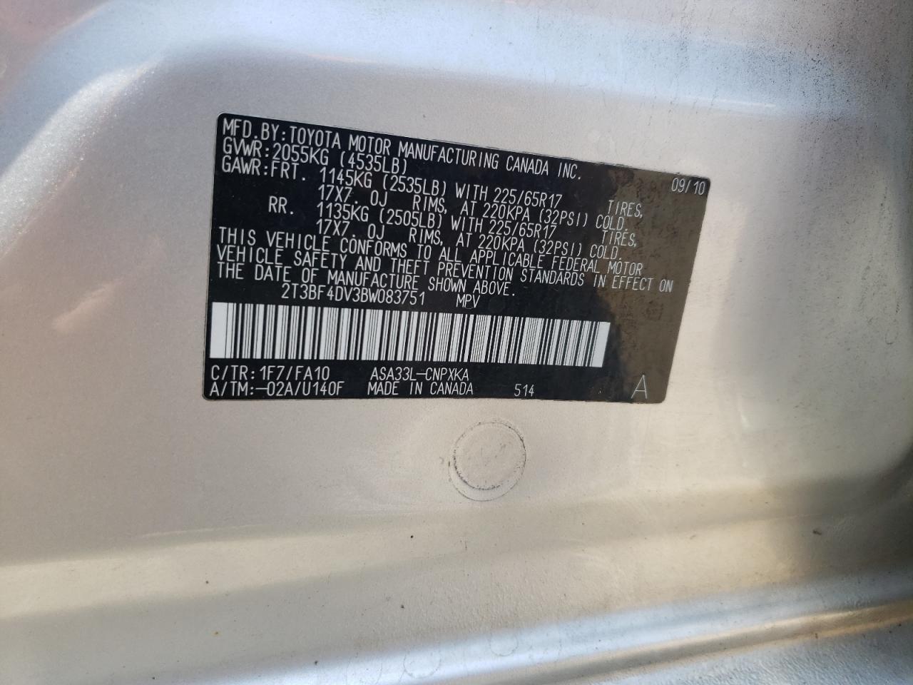 2T3BF4DV3BW083751 2011 Toyota Rav4