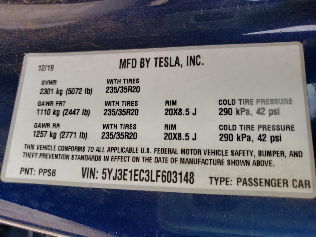 2020 Tesla Model 3 VIN: 5YJ3E1EC3LF603148 Lot: 46188012