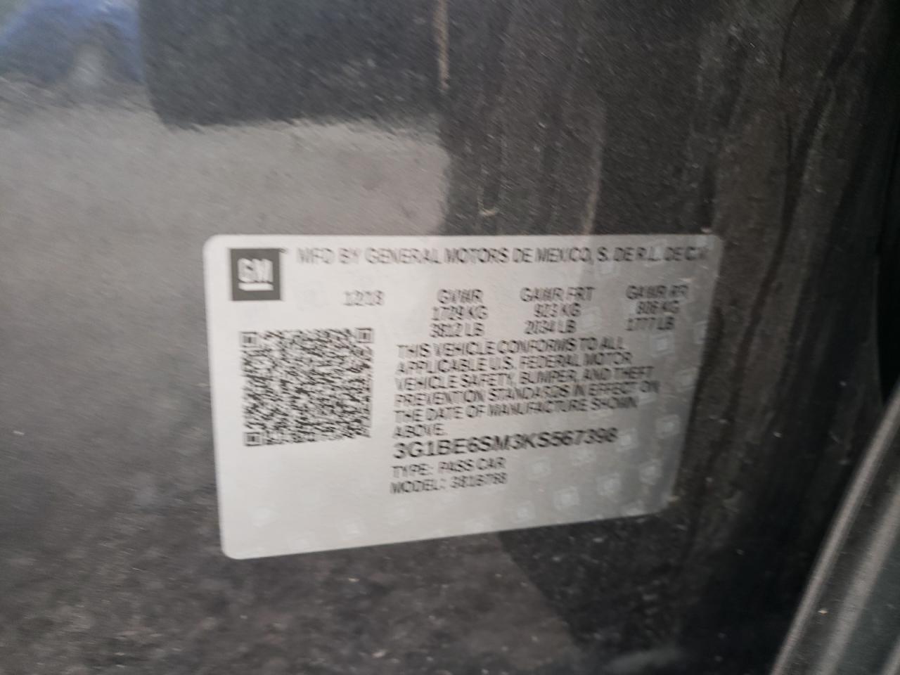 3G1BE6SM3KS567398 CHEVROLET CRUZE 2019