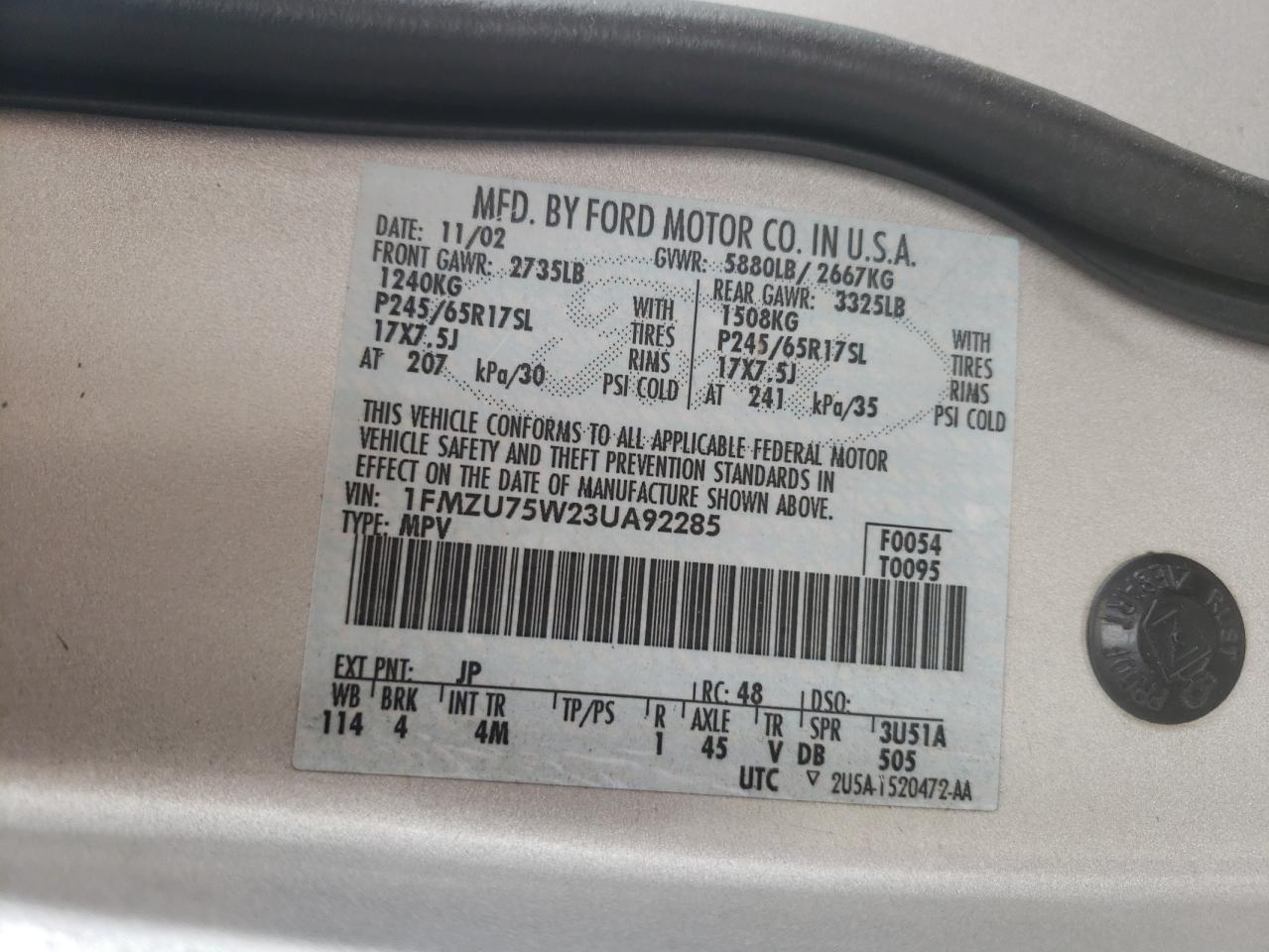 FORD EXPLORER 2003 VIN 1FMZU75W23UA92285 photo 10