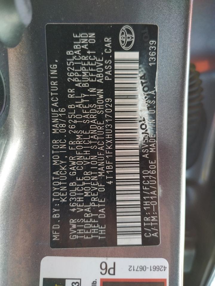 4T1BF1FKXHU317029 TOYOTA CAMRY 2017