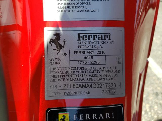 2016 FERRARI 488 SPIDER ZFF80AMA4G0217333