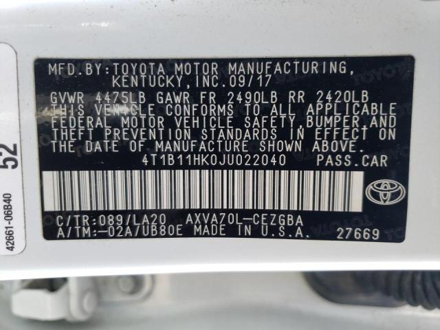 2018 TOYOTA CAMRY L/LE 4T1B11HK0JU022040