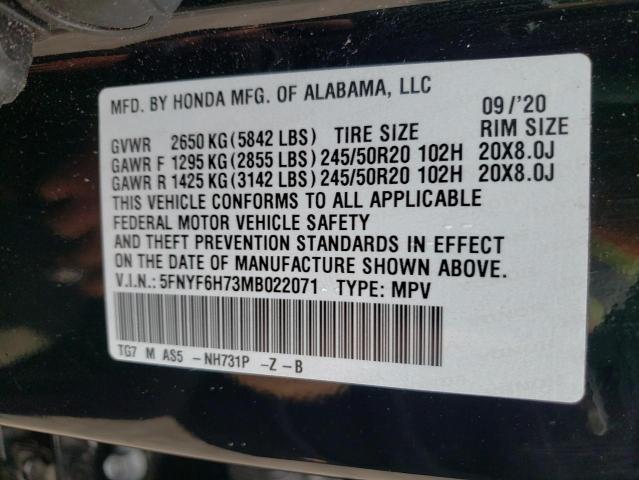 2021 HONDA PILOT BLAC 5FNYF6H73MB022071