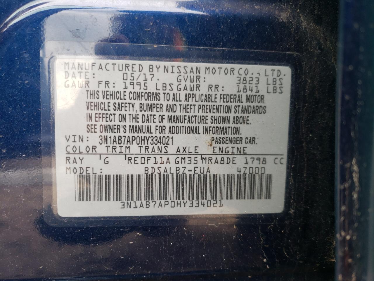 3N1AB7AP0HY334021 2017 Nissan Sentra S